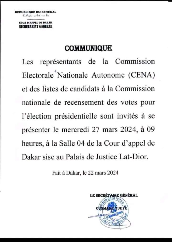 La Cour d'Appel va annoncer les résultats provisoires de l'élection présidentielle, ce mercredi, à 17 heures