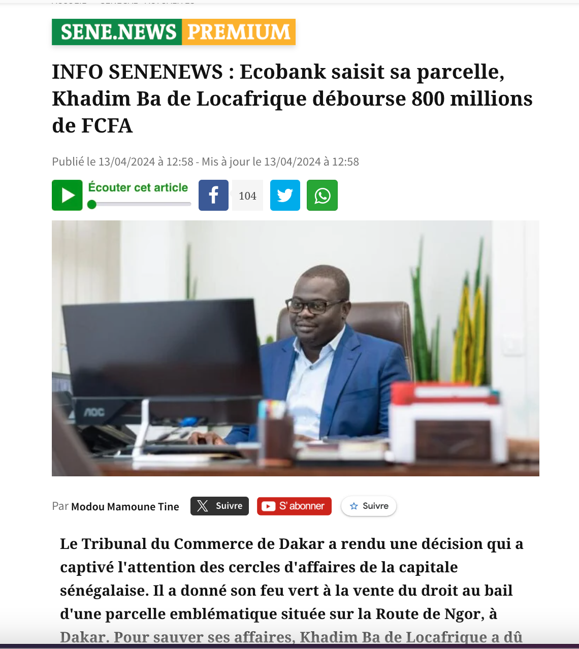 Démenti : Aucune saisie de parcelle par Ecobank concernant Khadim Ba de Locafrique