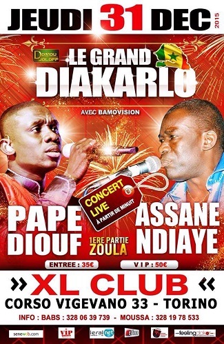 DOMOU DJOLOF PRODUCTION présente "Le Jakarlo" de l'année avec Pape Diouf et Assane Ndiaye. 30 Décembre à Brescia, 31 Décembre Torino en Italie, le 01 Janvier à Bruxelles et le 02 au Dock Eiffel à Paris.