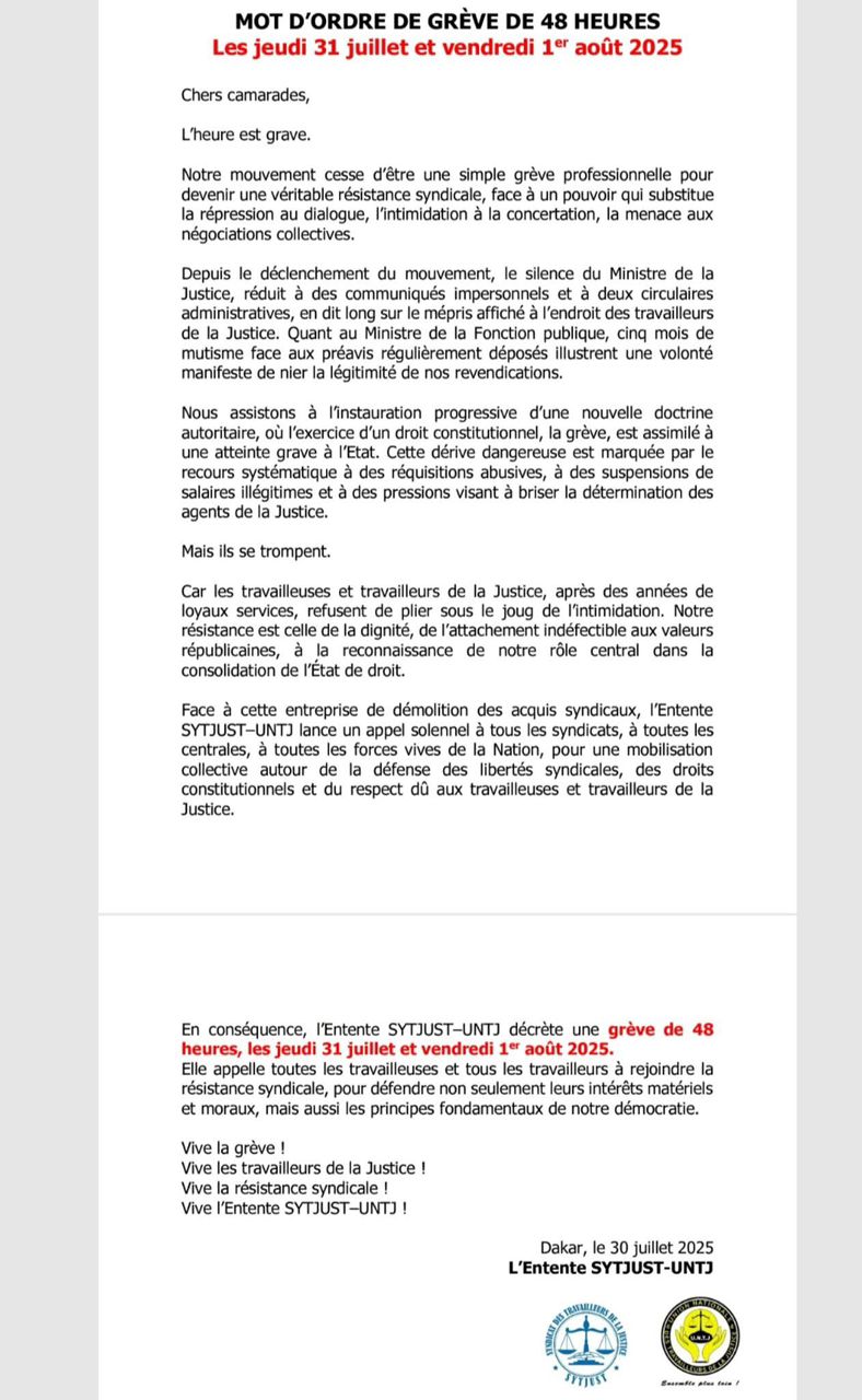 JUSTICE : MOT D’ORDRE DE GRÈVE DE 48 HEURES Les jeudi 31 juillet et vendredi 1er août 2025 Chers