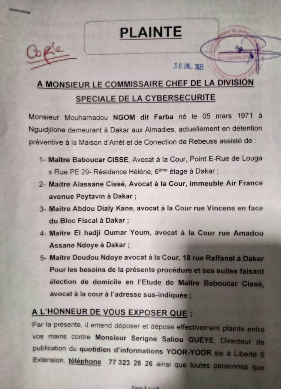 Affaire "Yoor-Yoor" : Plainte déposée contre Serigne Saliou Gueye après des révélations sur la mobilisation de soutien à Farba Ngom