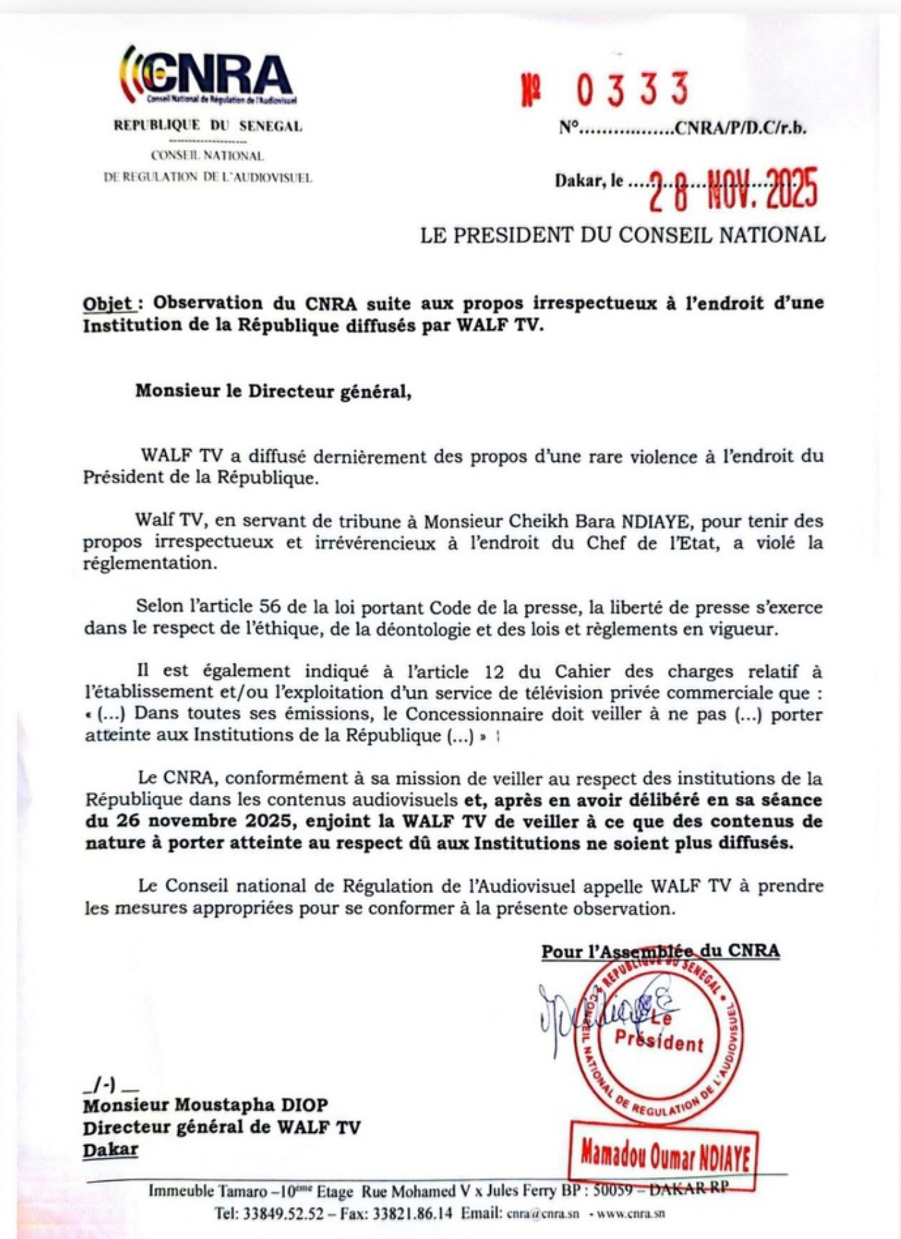 Diffusion des propos de Cheikh Bara Ndiaye: Le CNRA recadre WALF TV