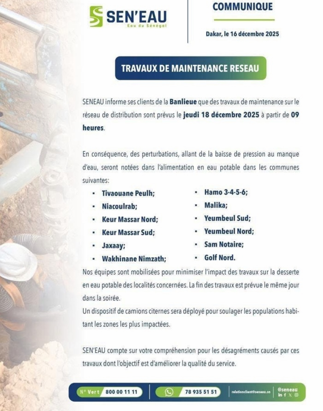 Travaux de maintenance : Perturbations dans la distribution de l’eau annoncées ce jeudi, dans la banlieue