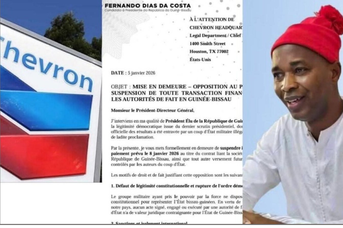 Guinée-Bissau : Fernando Dias Da Costa met en garde Chevron et exige la suspension de tout paiement au régime issu du putsch