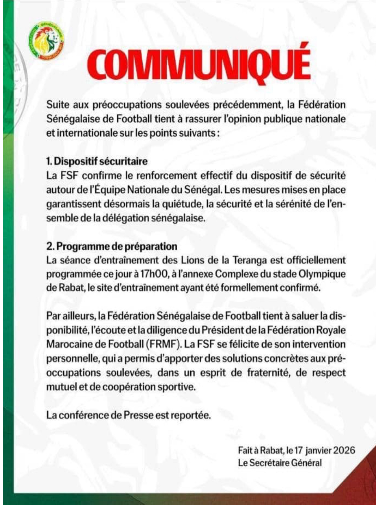 La FSF rassure et confirme l’entraînement des Lions à Rabat