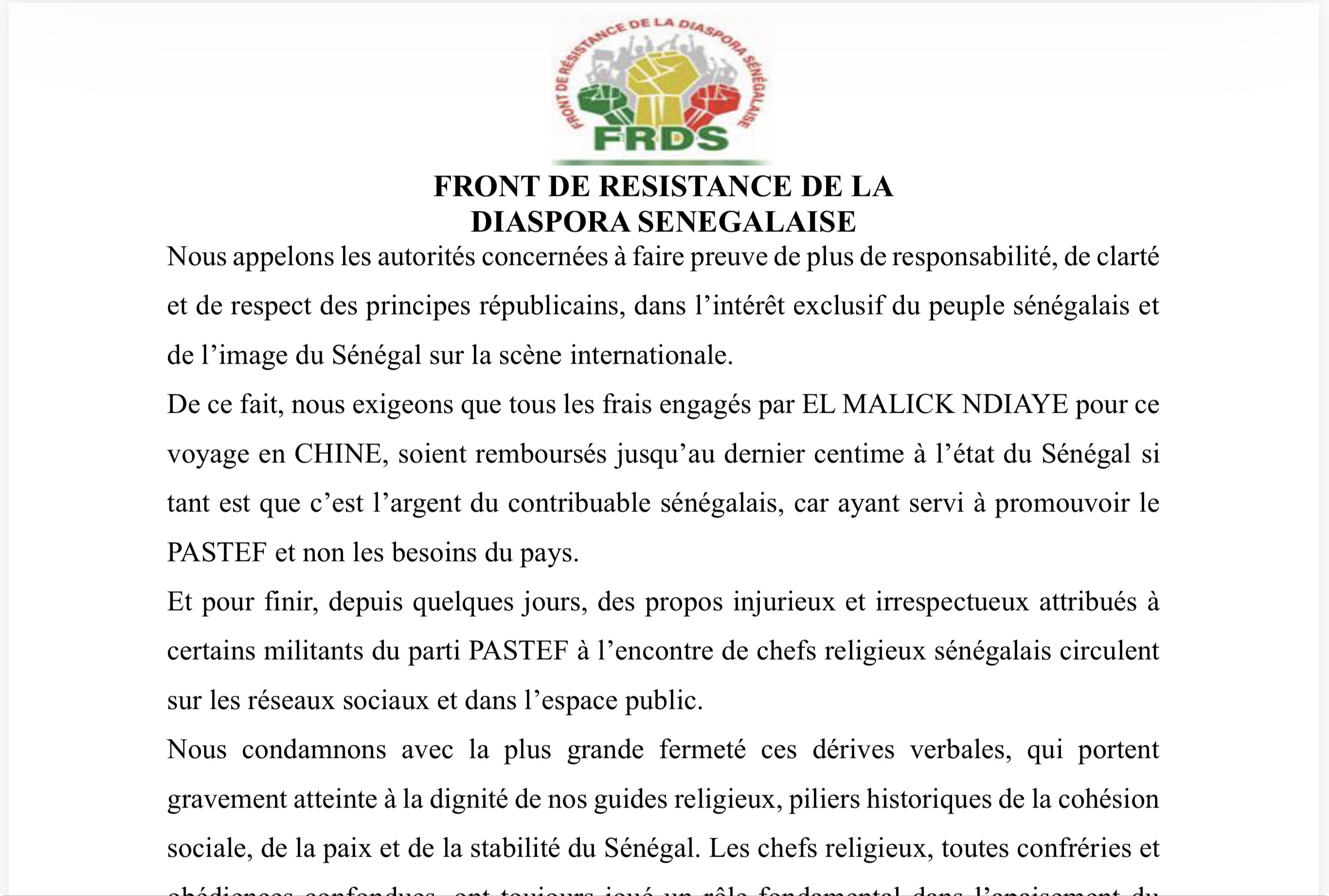 COMMUNIQUE FRDS: Relatif au voyage officiel du Président de l’Assemblée nationale en Chine, aux déclarations du Premier ministre au Maroc et aux injures à l’encontre des chefs religieux