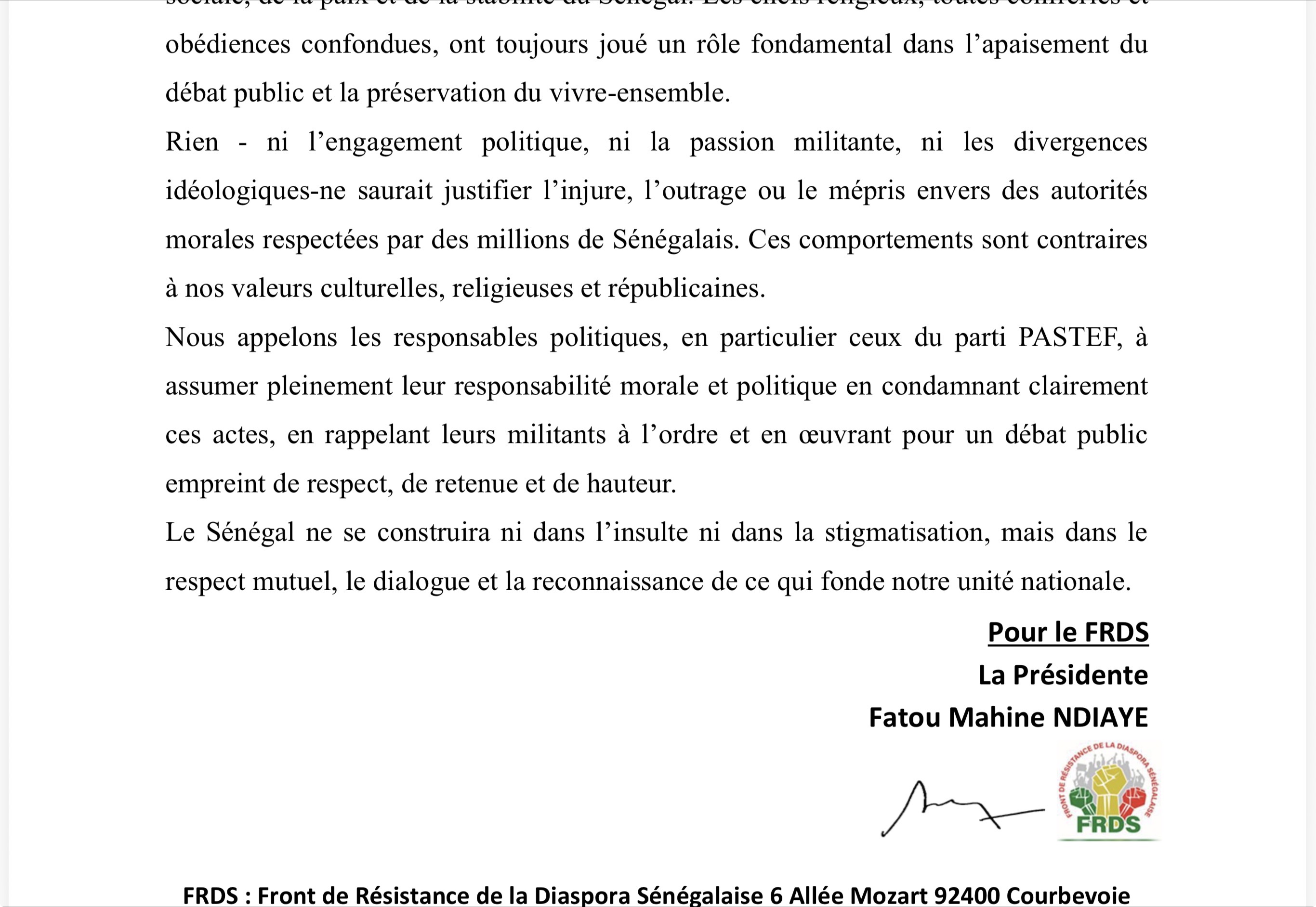 COMMUNIQUE FRDS: Relatif au voyage officiel du Président de l’Assemblée nationale en Chine, aux déclarations du Premier ministre au Maroc et aux injures à l’encontre des chefs religieux