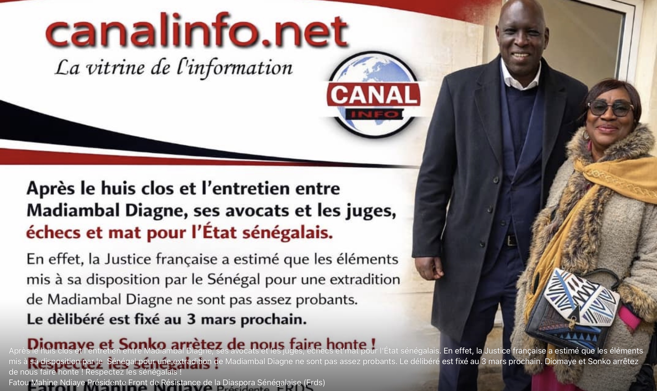 Premiére réaction de la présidente du FRDS Fatou Mahine Ndiaye sur l’audience d’extradition de Madiambal Diagne