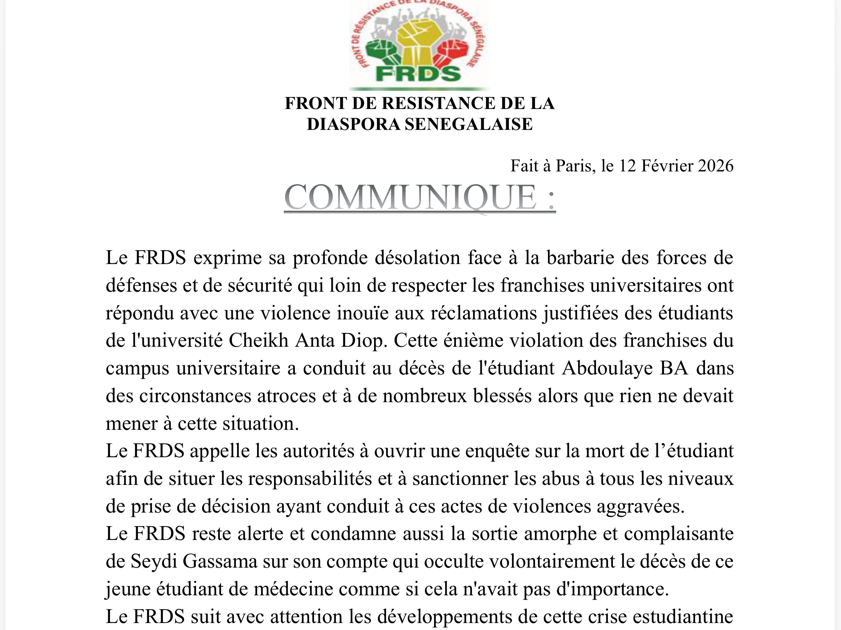 COMMUNIQUE- FRONT DE RESISTANCE DE LA DIASPORA SENEGALAISE (FRDS)