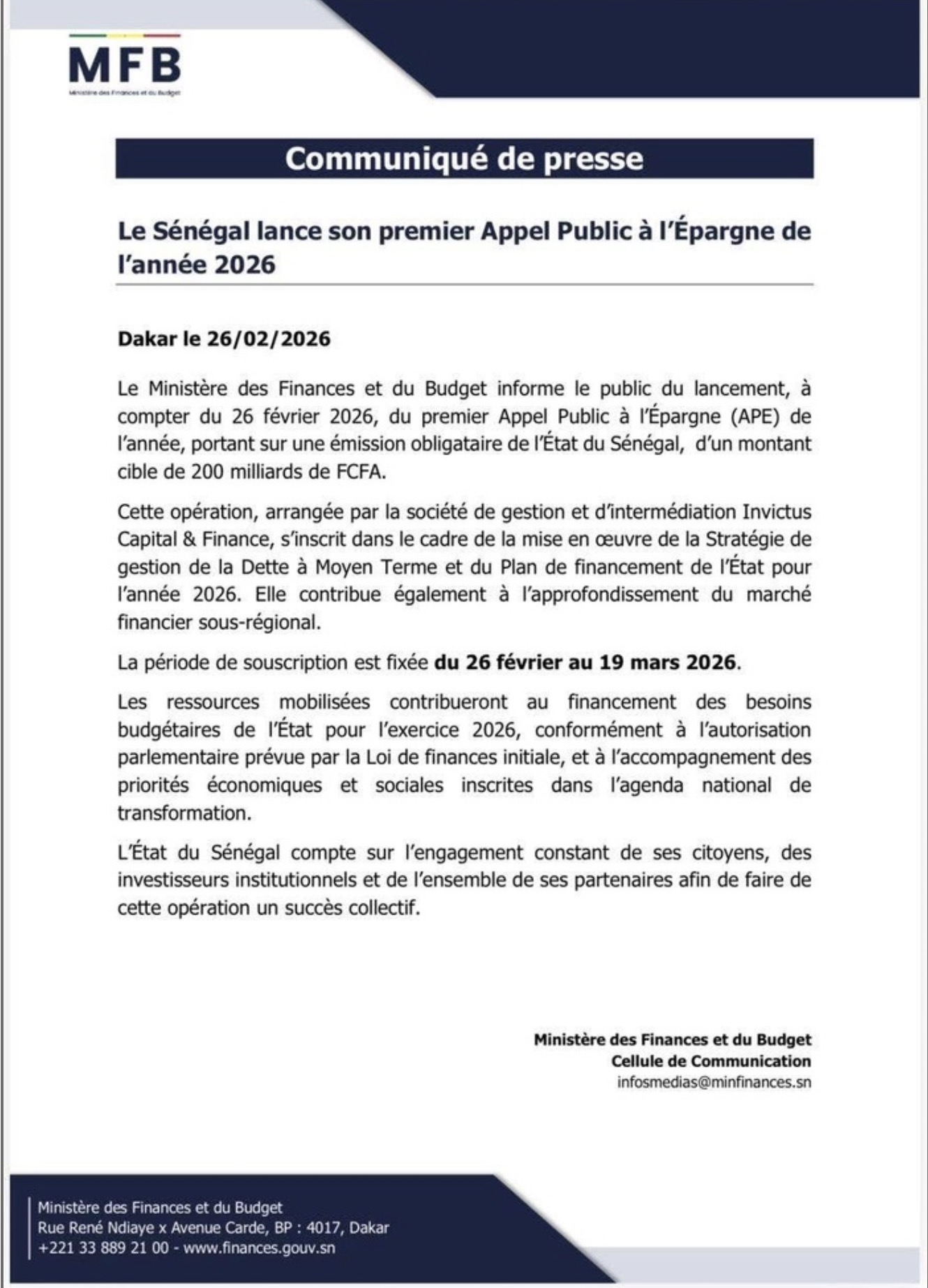 Le Sénégal lance son premier Appel Public à l'Épargne de l'année 2026