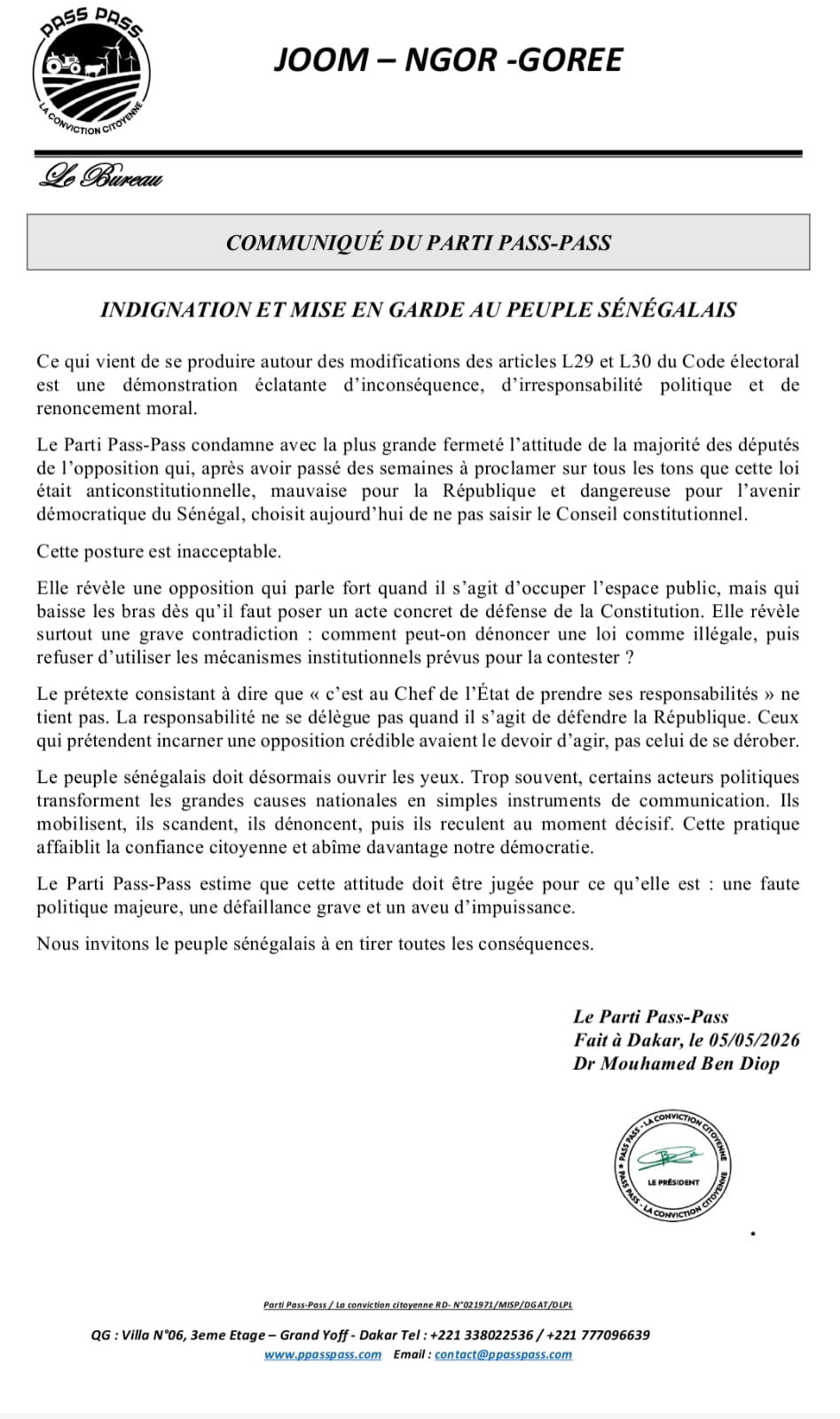 Communique du Parti PASS-PASS: Indignation et mise en demeure au peuple Sénégalais