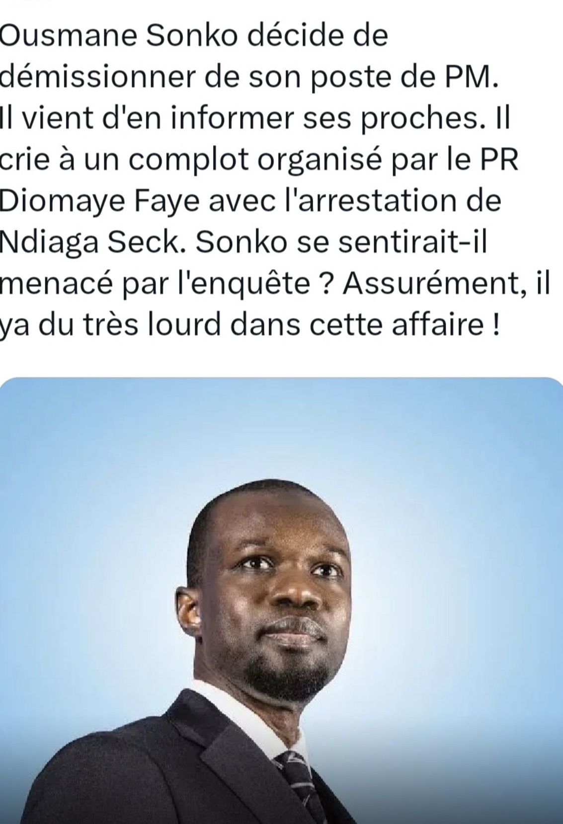 Ousmane Sonko décide de démissionner de son poste de PM