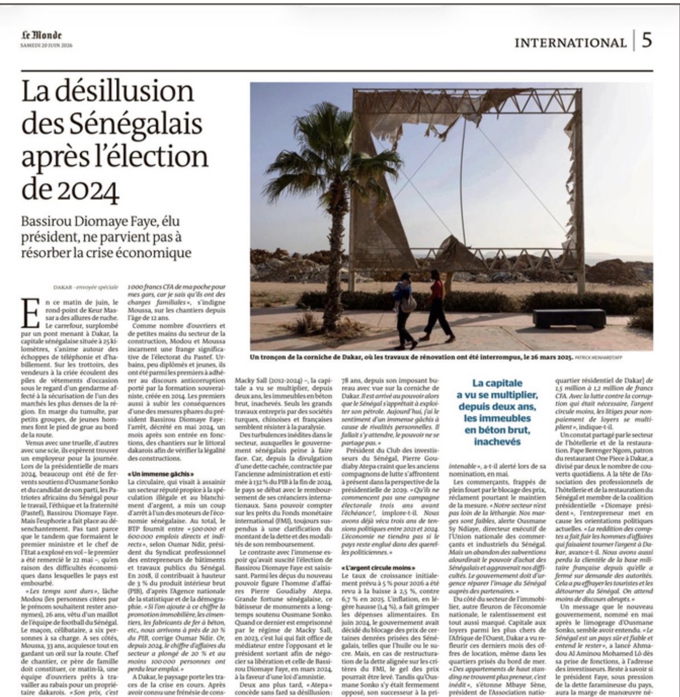 Le Monde : « La désillusion des Sénégalais après l’élection de 2024 » – Le quotidien français décrit un Sénégal confronté au ralentissement économique
