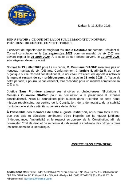 Le juriste Me El Hamath Thiam Justice Sans Frontiére réagit sur la nomination de Ousmane Diagne au Conseil Constitutionnel