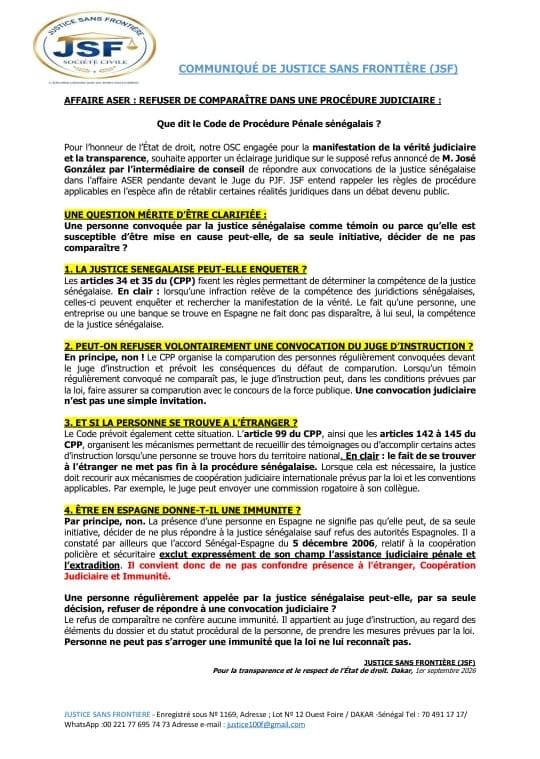 COMMUNIQUÉ JUSTICE SANS FRONTIÉRE: Affaire ASER refuser de répondre à la justice