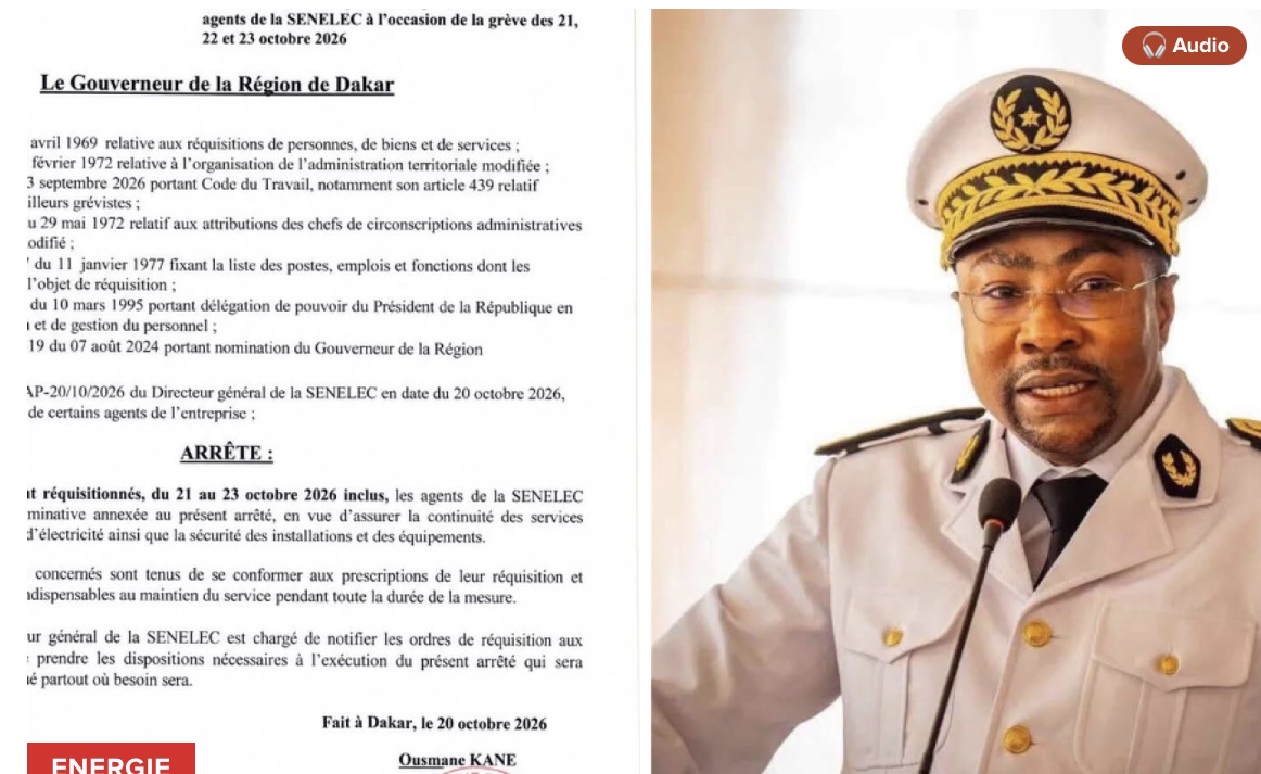 Grève à la Senelec : le gouverneur de Dakar réquisitionne des agents (arrêté)