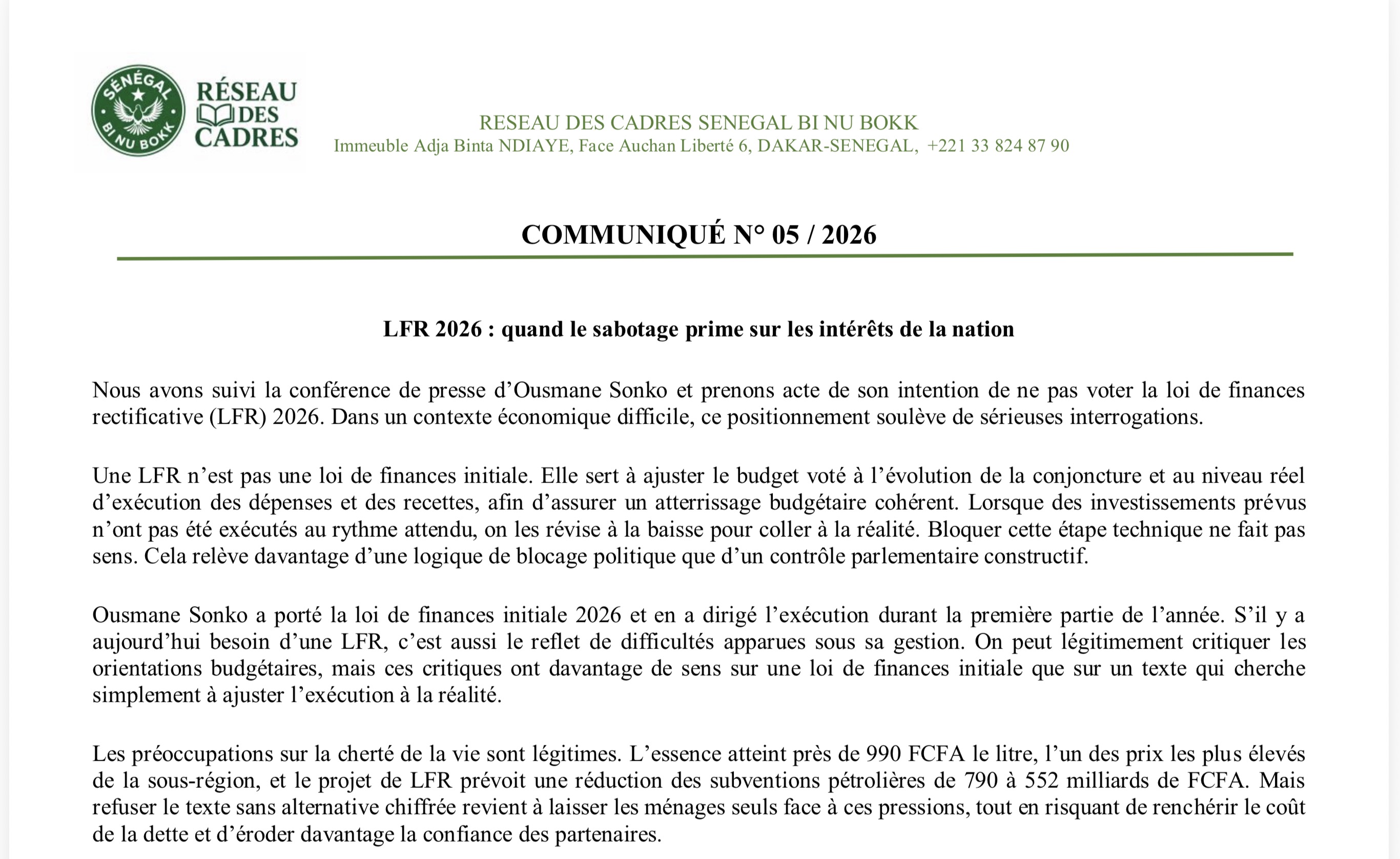 DÉCLARATION DU RÉSEAU DES CADRES DE SÉNÉGAL BI NU BOOK LFR 2026 : quand le sabotage prime sur les intérêts de la nation.