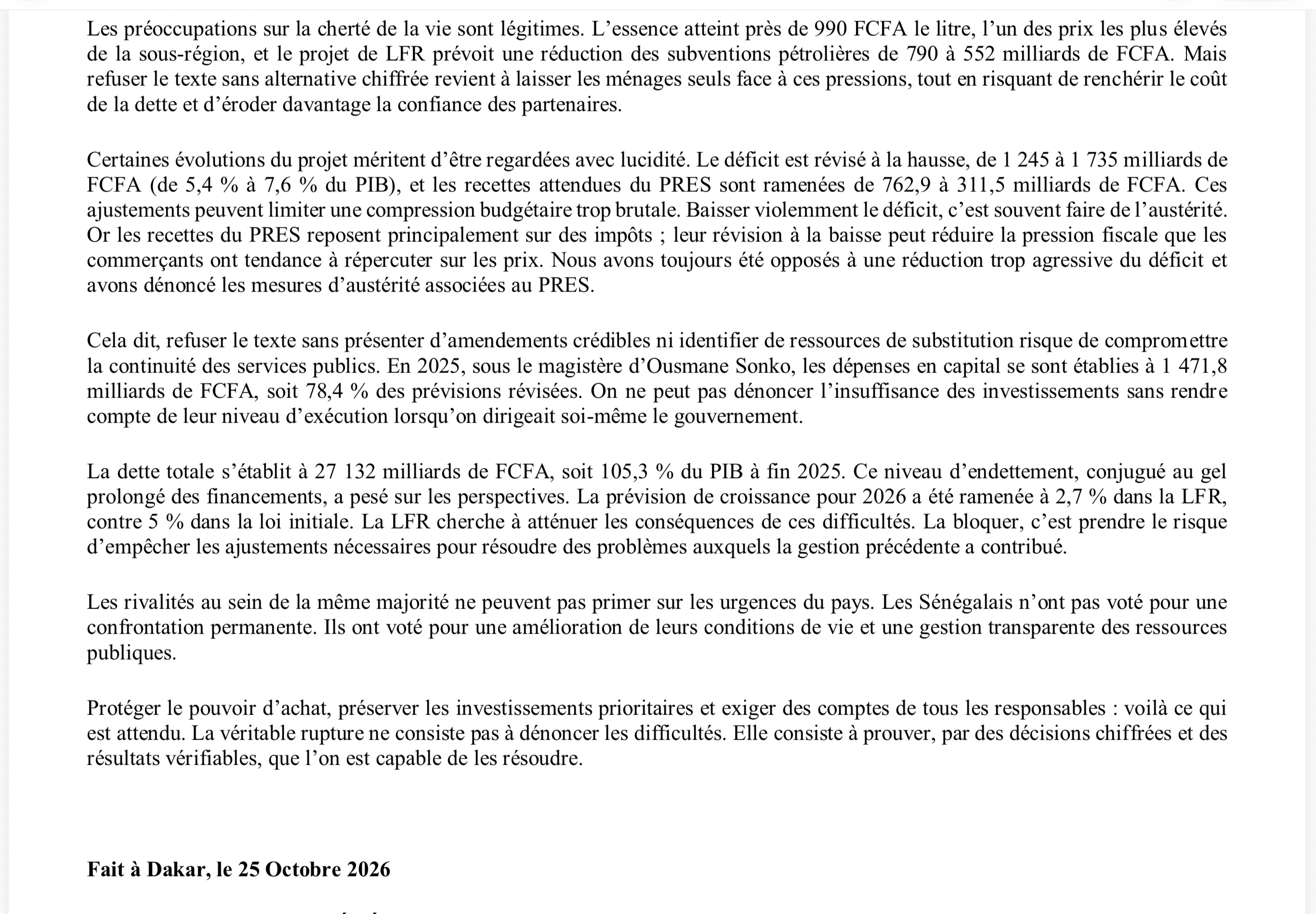 DÉCLARATION DU RÉSEAU DES CADRES DE SÉNÉGAL BI NU BOOK LFR 2026 : quand le sabotage prime sur les intérêts de la nation.