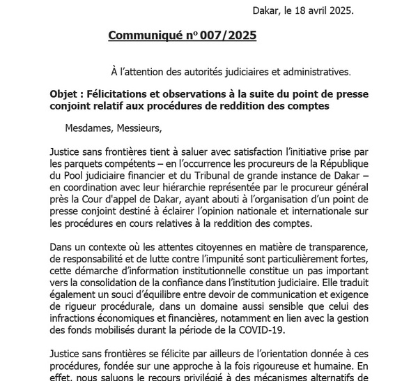 Communique de Justice Sans Frontière (JSF) relative à la sortie des procureurs du PFJ