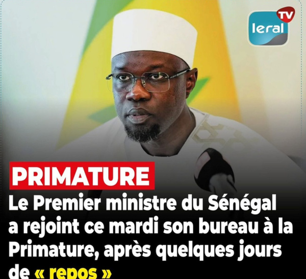 Après quelques jours de repos : Le Premier ministre Ousmane SONKO a regagné la Primature, ce mardi