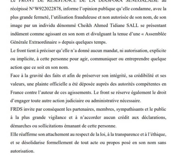 COMMINIQUE FRDS- La présidente Fatou Mahine Ndiaye dénonce une violation frauduleuse