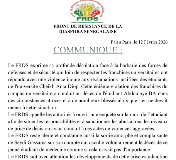 COMMUNIQUE- FRONT DE RESISTANCE DE LA DIASPORA SENEGALAISE (FRDS)