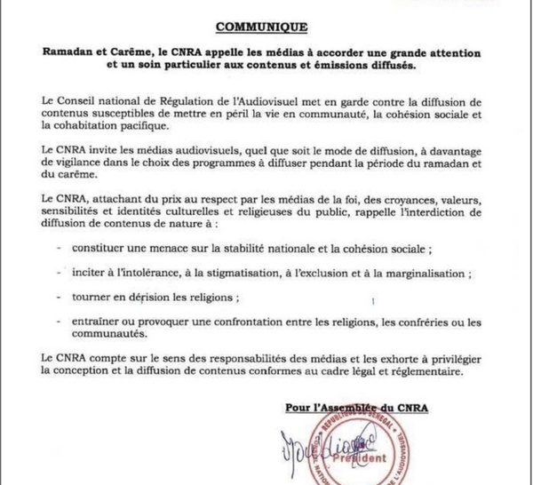 Ramadan et Carême: Le CNRA appelle les médias à accorder une grande attention et un soin particulier, aux contenus et émissions diffusés