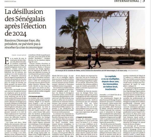 Le Monde : « La désillusion des Sénégalais après l’élection de 2024 » – Le quotidien français décrit un Sénégal confronté au ralentissement économique