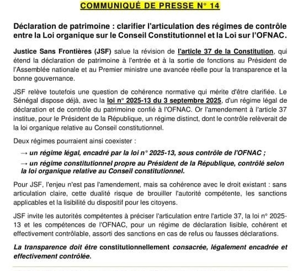 *JSF POUR UNE HARMONISATION DES MODALITÉS DE LA DÉCLARATION DE PATRIMOINE.*