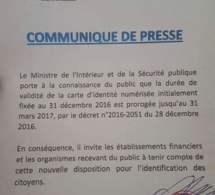 Les cartes d'identités nationales devant expirer le 31 décembre 2016 seront valables jusqu'au 31 mars 2017, par décret