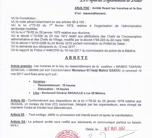 Document : Rassemblement du 19 mai de Mankoo Taxawu Senegaal, l'arrêté préfectoral fixe les règles du jeu