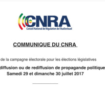 Fin de la campagne électorale pour les élections législatives  Pas de diffusion ou de rediffusion de propagande politique  Samedi 29 et dimanche 30 juillet 2017