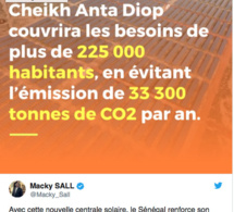 Macky Sall : « la centrale solaire Cheikh Anta Diop couvrira les besoins de 225 000 habitants, en évitant l’émission de 33 300 tonnes de CO2 par an »
