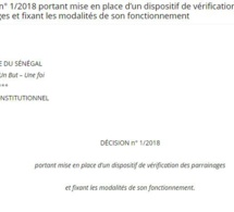 Décision n°1/2018 portant mise en place d'un dispositif de vérification des parrainages et fixant les modalités de son fonctionnement (document)