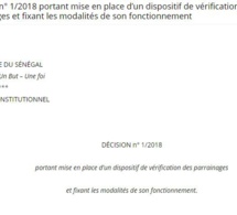 Décision n°1/2018 portant mise en place d'un dispositif de vérification des parrainages et fixant les modalités de son fonctionnement (document)