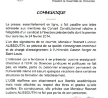 Précision de l'Université Gaston Berger (UGB) : Monsieur Rosnert Ludovic Alissoutin ne fait pas partie du personnel
