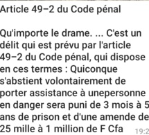 VIDÉO AFFAIRE HIBA THIAM: Ce que dit l'article 49-2 du code pénal sur un nom assistance à une personne en drame.