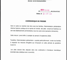Covid-19 : L’Administration pénitentiaire permet la reprise de l’entrée des plats venant de l’extérieur au sein de la prison les week-ends. (DOCUMENT)