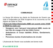 État d’urgence et couvre-feu: La SECAA annonce l’ouverture de l’Autoroute de l’Avenir de 21h à 5h aux...