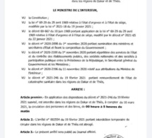 L'arrêté portant interdiction de circuler dans les régions de Thiès et de Dakar, signé