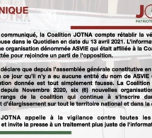 Fake News: La Coalition JOTNA dément avoir dans ses rangs une organisation, dénommée ASVIE