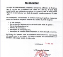 Covid-19: Le port du masque obligatoire prorogé de trois (3) mois
