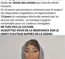 Campagne électorale, Ngone Ndour PCA SODAVE tire sur la violation des droits d'auteurs des artistes.