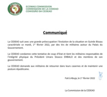 Guinée Bissau : La Cedeao condamne une tentative de coup d’Etat et tient les militaires pour responsables de l’intégrité physique du Président Embalo