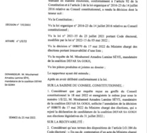 Décision n°7 : Le Conseil Constitutionnel rejette le recours de DEFAR SA GOKH (Document)