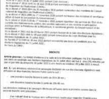 Elections législatives de 31 juillet 2022 : Le Décret portant sur le temps d'antenne imparti aux candidats