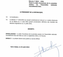 Assemblée nationale / Décret présidentiel : La nouvelle législature installée ce 12 septembre 2022 (Document)