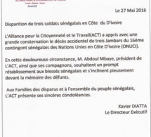 Disparition de trois soldats Sénégalais en Cote d'Ivoire, l'ACT présentes ses condoléances aux familles des disparues